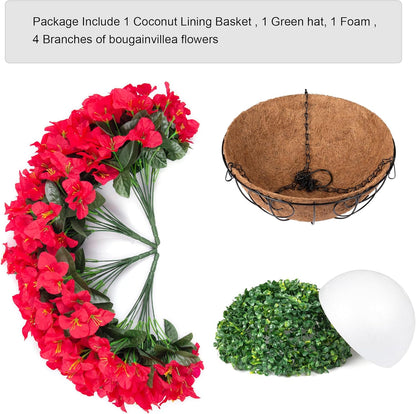Artificial Hanging Flowers Faux Plants Basket for Outdoors Spring Summer Decor, Fake Silk Bougainvillea in Planter Outdoor Look Real UV Resistant Faux Flower for Outside Porch Patio Garden Home, White