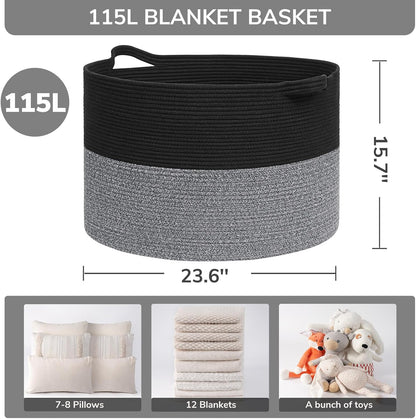 INDRESSME XXXLarge Blanket Basket for Living Room 21.7" x 21.7" x 13.8"-Storage Basket with Handle for Organizing Toy Pillows Woven Cotton Rope Laundry Basket Stuffed Animal Toy Storage for Play Room