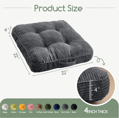 HIGOGOGO 6" Extra Thick Floor Pillow Cushion for Adults, Meditation Cushion Pillow, Large Square Floor Sitting, Tufted Corduroy Cover, for Tatami Living Room or Yoga, 22x22 Inch, 2Pack, Dark Grey