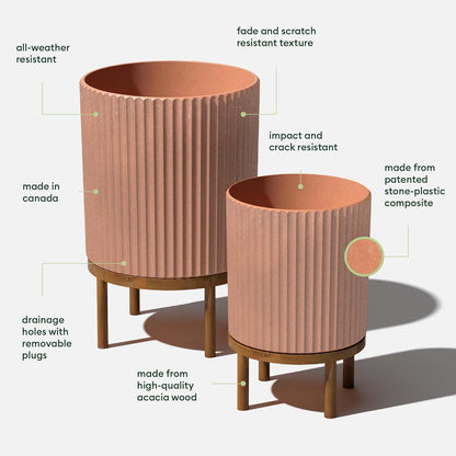Veradek Demi Series Round Planter w/ Stand for Porch/Patio | Durable Plastic-Concrete & Wooden Stand | Modern Décor for Tall Plants, Flowers