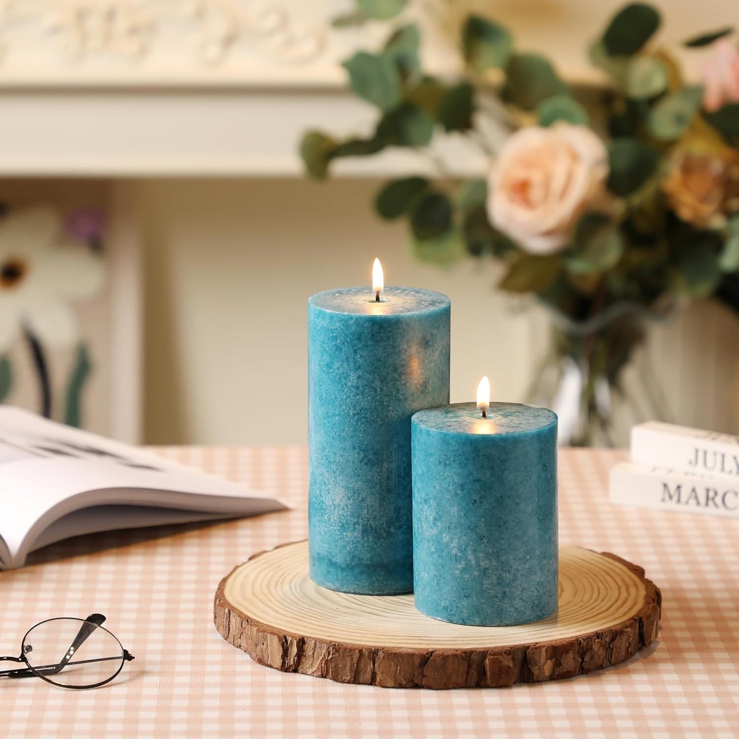 3x4 inch Green Pillar Candles Set of 3, Unscented Pillar Candle, Dripless and Smokeless Large Candles, Candle for Home Decor, Dinner Table,Weddings, Holidays