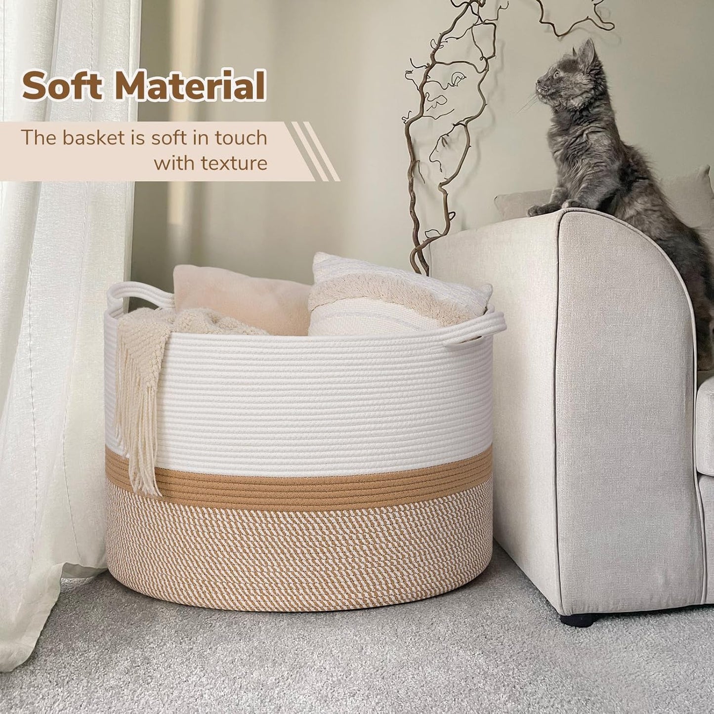 INDRESSME XXXLarge Blanket Basket for Living Room 21.7" x 21.7" x 13.8"-Storage Basket with Handle for Organizing Toy Pillows Woven Cotton Rope Laundry Basket Stuffed Animal Toy Storage for Play Room