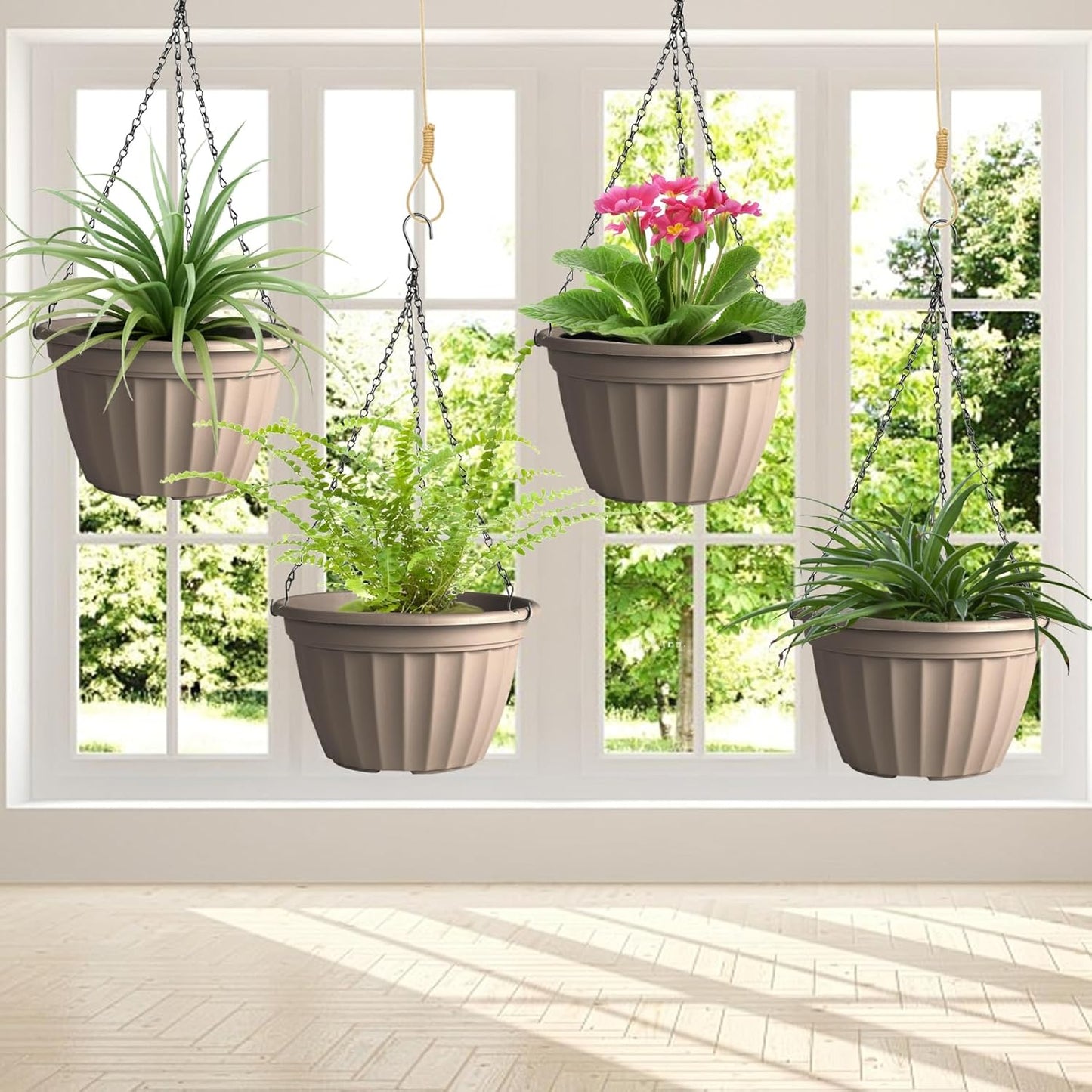 FGstyle Hanging Planters 10 Inch, 4 Pcs Self Watering Pots for Indoor Plants,Plastic Hanging Basket with Soil Elevator and 20" Chain for Home Garden Porch Balcony Patio Decor(Black)