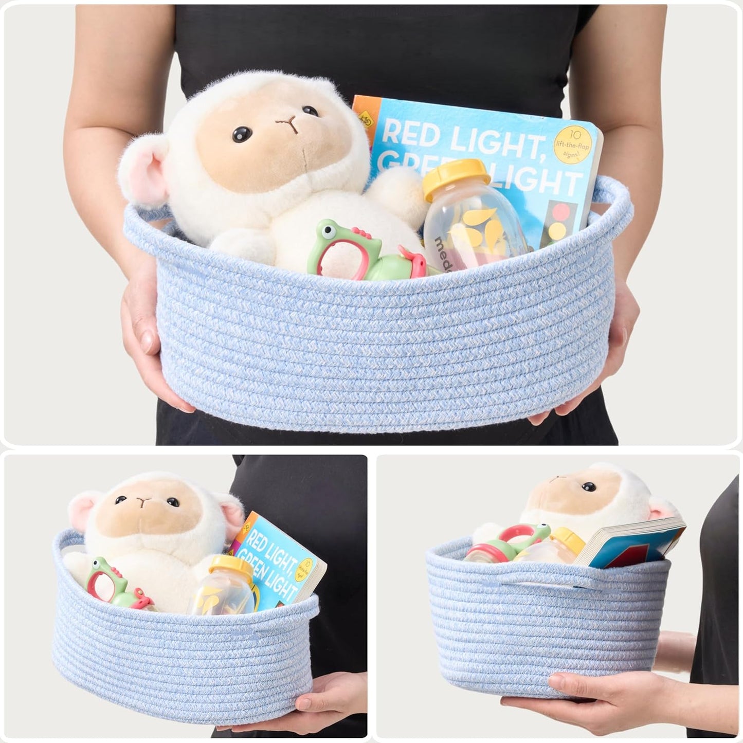 Small Woven Gift Basket Empty with Bag & Ribbon - Gifts for Mom, Baby Shower, Birthdays & Raffle - Cotton Rope Storage Basket for Dog Toys or Shelf - 12"x8"x5", White