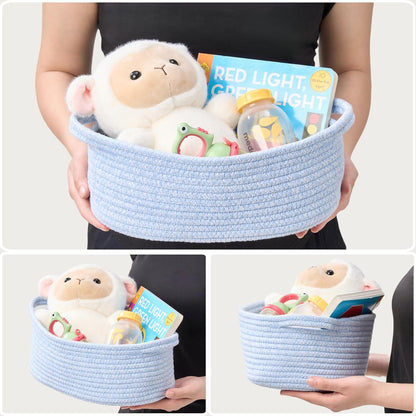 Small Woven Gift Basket Empty with Bag & Ribbon - Gifts for Mom, Baby Shower, Birthdays & Raffle - Cotton Rope Storage Basket for Dog Toys or Shelf - 12"x8"x5", White