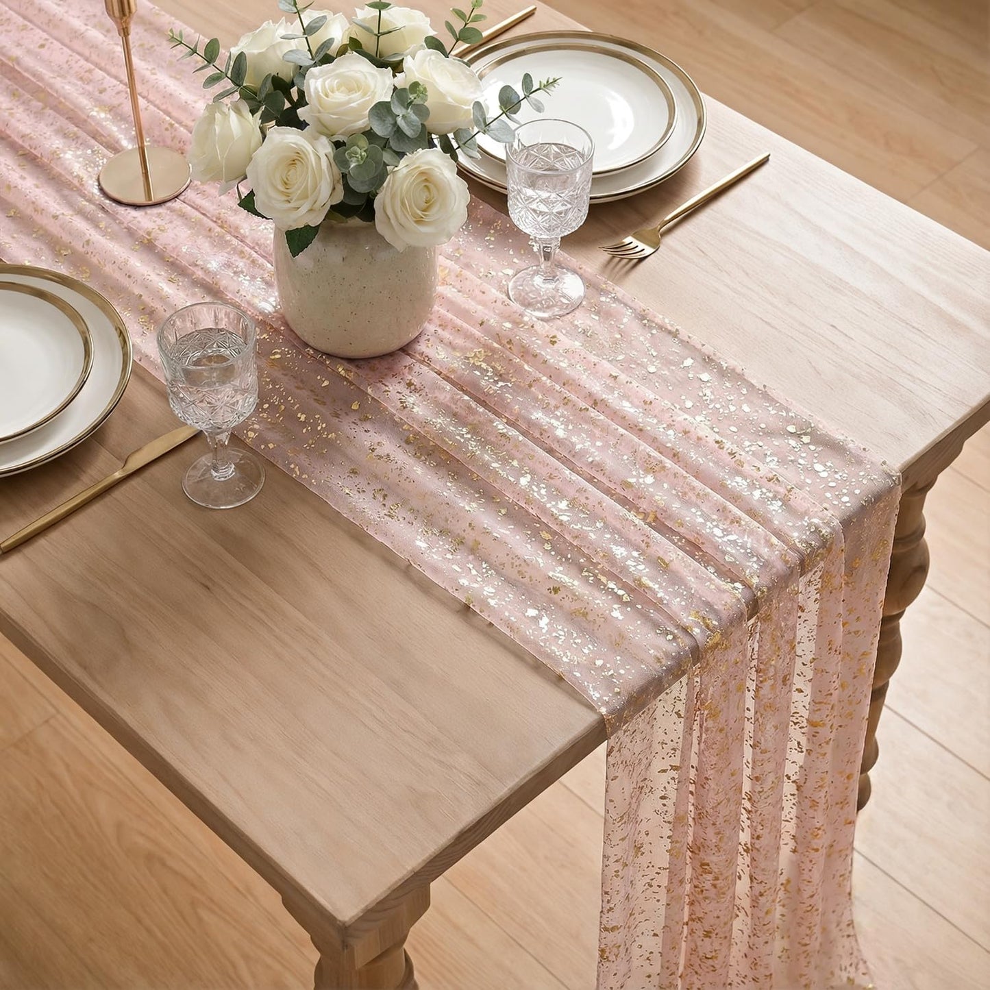 Artoid Mode Beige Gold Gauze Table Runner 120 Inch 10FT, Glitter Metallic Foil Sheer Dining Wedding Anniversary Holiday Birthday Table Decor for Home Party