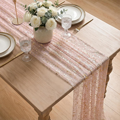 Artoid Mode Beige Gold Gauze Table Runner 120 Inch 10FT, Glitter Metallic Foil Sheer Dining Wedding Anniversary Holiday Birthday Table Decor for Home Party