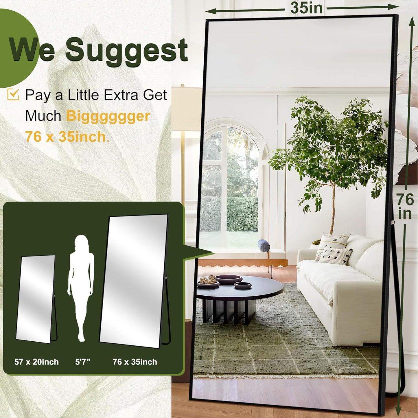 NicBex Full Length Mirror with Stand, 56"x19" Aluminum Alloy Frame Floor Mirror, Black, Shatter-Proof Glass - Free Standing, Leaning Against Wall or Wall-Mounted, for Bedroom Living Room Dressing Room