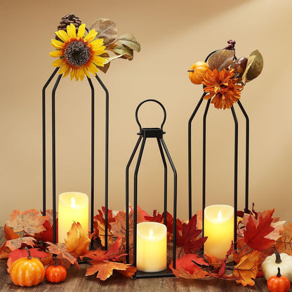Perfnique Modern Farmhouse Lantern Decor, 15'' 13'' Set of 2 Black Metal Lantern, 2 LED 6hr Timer Flameless Candles ＆ Remote Timer, Lanterns Decorative for Outdoor, Home, Indoor, Patio, Christmas