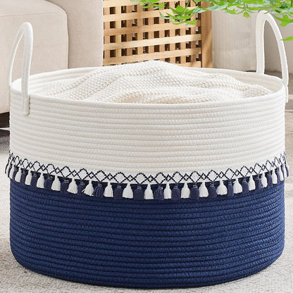 KAKAMAY Large Blanket Basket (20"x13"),Woven Baskets for storage Baby Laundry Hamper, Cotton Rope Blanket Basket for Living Room, Laundry, Nursery, Pillows, Baby Toy chest (White/Brown)