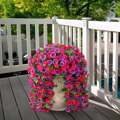INXUGAO Artificial Flowers with Hanging Basket, Outdoor Faux Plants Silk Morning Glory Vines, Fake Green Arrangement for Garden Patio Spring Summer Decor(4pcs,Darkorchid)