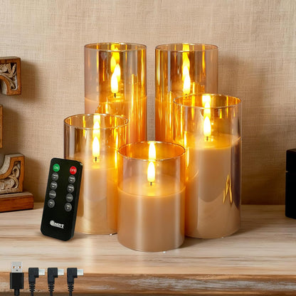 Rechargeable Flameless Glass Pillar Candles–Gifts for Women,–Set of 3, Realistic Flickering LED Light,Remote & Timer, Ideal for Living Room, Bedroom & Festival Wedding Home Party Decor
