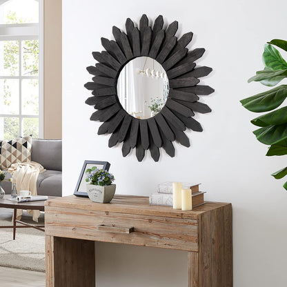 Honiway Wall Mirror Decorative 12 inch Rustic Wood Mirror Sunburst Boho Mirror for Entryway Bedroom Living Room Bathroom House Warming Gifts New Home Essential Carbonized Black