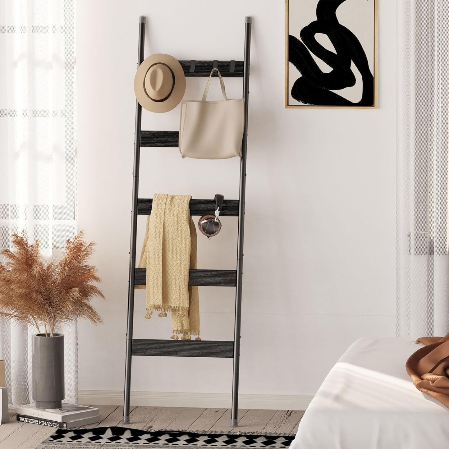 Blanket Ladder, 5-Tier Towel Holder with 4 Removable Hooks, Farmhouse Wall Leaning Decorative Rack Shelf, Wooden Towel Display Rack, Quilt Ladder for Living Room, Bedroom, Rustic Brown