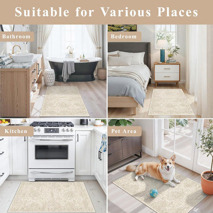 2x3 Washable Non-Slip Area Rug - Soft Low Pile Throw Rug for Kitchen Entryway Bedroom - Modern Indoor Door Mat with Rubber Backing (Beige Grey) - Colors A