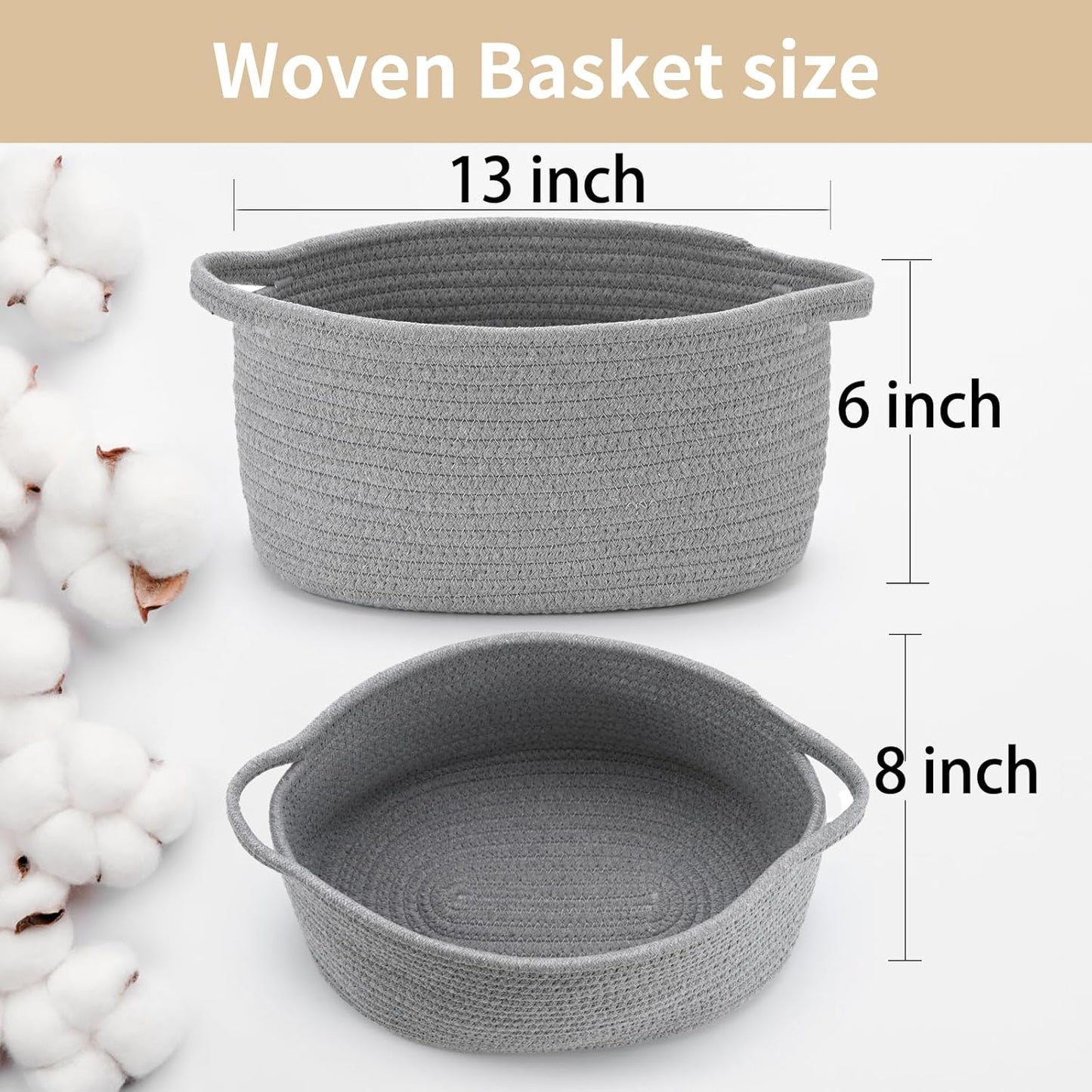 Happyiren Medium Woven Cotton Rope Basket with Handle Empty Decorative Gift Basket for Baby Shower, Graduation, Mother's Day, Nursery Storage 13" Dia x 8" W x 6" H