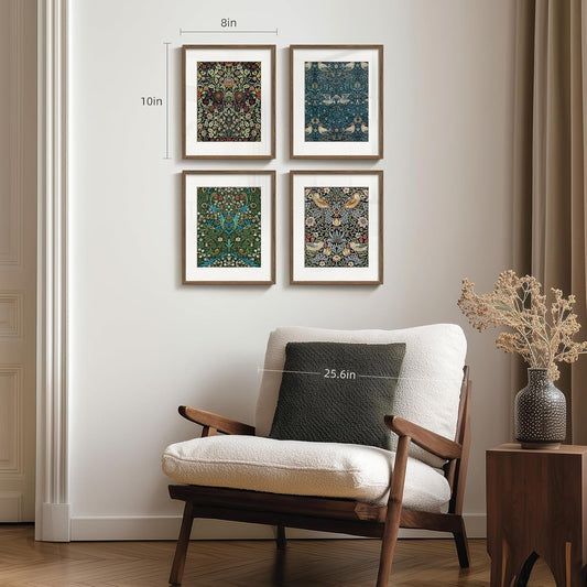 Framed William Morris Wall Art Set of 4, Vintage Botanical Floral Fruit Pattern Canvas Prints Artwork for Walls, Retro Natural Square Picture for Living Rooms Dining Room Hallway Wall Decor, 12x12 In - Colors A