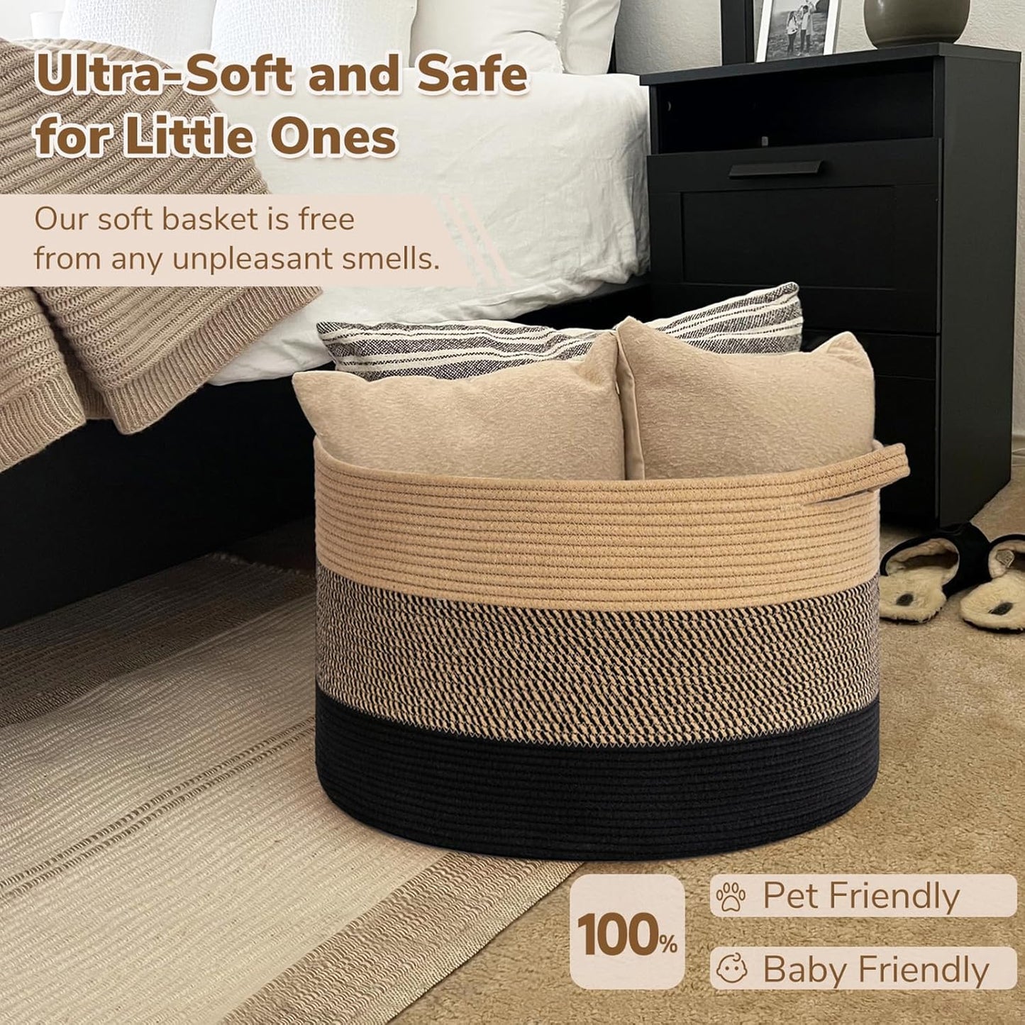 INDRESSME XXXLarge Blanket Basket for Living Room 21.7" x 21.7" x 13.8"-Storage Basket with Handle for Organizing Toy Pillows Woven Cotton Rope Laundry Basket Stuffed Animal Toy Storage for Play Room