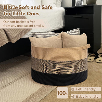INDRESSME XXXLarge Blanket Basket for Living Room 21.7" x 21.7" x 13.8"-Storage Basket with Handle for Organizing Toy Pillows Woven Cotton Rope Laundry Basket Stuffed Animal Toy Storage for Play Room