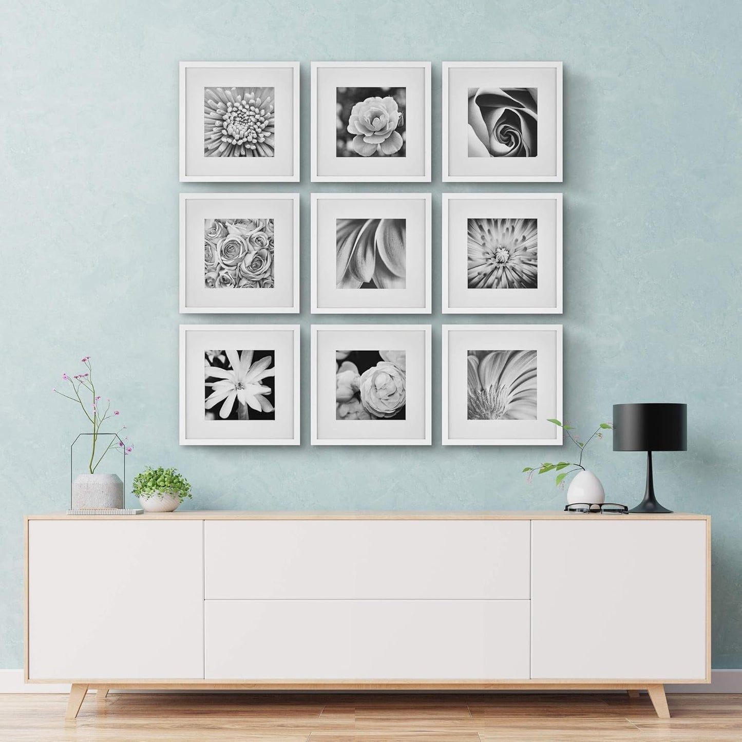Gallery Perfect 12x12 Picture Frames, 9 Piece Set with Real Glass Cover for 8x8 Photos With Mat, Picture Frames Collage Wall Decor for Gallery Wall, Home Decor, Black