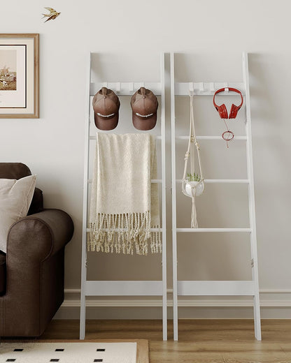 Hzuaneri Blanket Ladder for Living Room, Decorative Quilt Rack with 4 Removable Hooks, 5-Tier Farmhouse Ladder Holder Shelf Organizer for Bedroom, Rustic Brown and Black 02101BBR