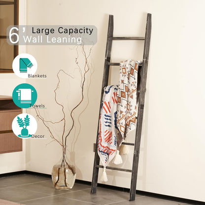 Blanket Ladder for the Living Room 6-Tier, Wooden Decorative Quilt Holder for Bed room, Wall-Leaning Towel Rack for Bathroom，Rustic Farmhouse Ladders for Display. (Dark Brown)