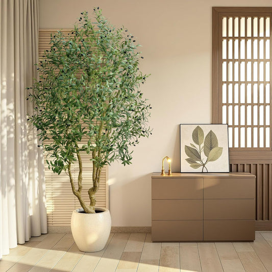 HZXGCP 6ft Artificial Olive Tree Indoor, Fake Olive Tree with White Pot, Faux Olive Tree with Dense Leaves & Realistic Fruits, Tall Artificial Plant for Home Living Room Office Entryway Decor