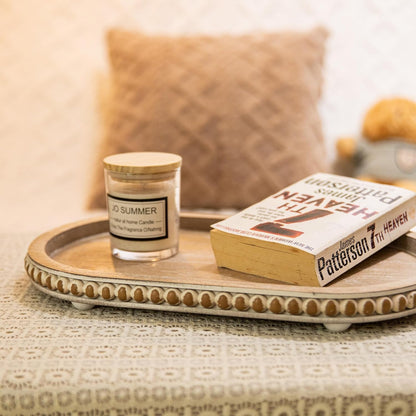 HPC Decor 12in Round Wood Tray - White, Distressed, Farmhouse Rustic - Decorative Tray for Living Room, Coffee Table, Kitchen Table or Farmhouse Serving Tray