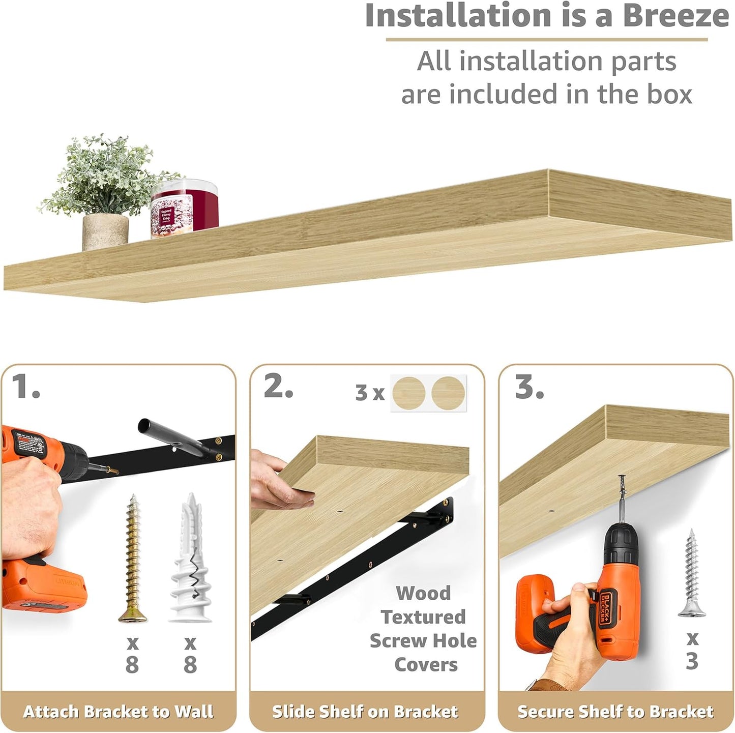 Sorbus Floating Shelves for Wall - 48 Inch Long Bathroom Shelves, Wall Decor for Bedroom, Kitchen, Living Room & Book Storage - Mounted Floating Shelf with Invisible Brackets (Maple Wood, 2 Pack)