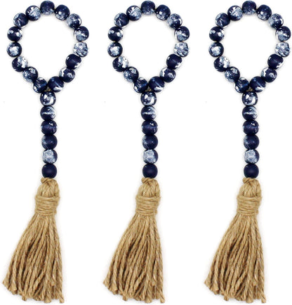 CVHOMEDECO. Wood Beads Garland with Tassels 3 PCS Farmhouse Rustic Wooden Prayer Bead String Wall Hanging Accent for Home Festival Decor. Natural