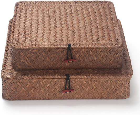 Seagrass Storage Basket Box with Lid Rectangular Woven Shelf Baskets Bins for Organize Snack Toys Set of 2 Natural Decorative(Large+Small)
