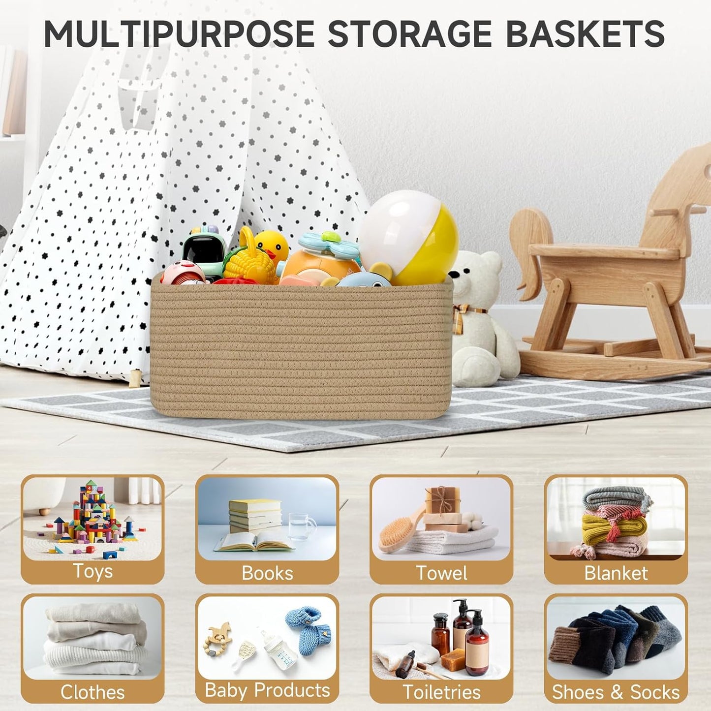 3-Pack Small Storage Baskets for Organizing | Woven Shelf Toy Basket | Rope Baskets for Gifts Empty | Closet Organizer Bins with Handles | Cube Decorative Box | 11.8×7.8×5.1” | Mixed brown