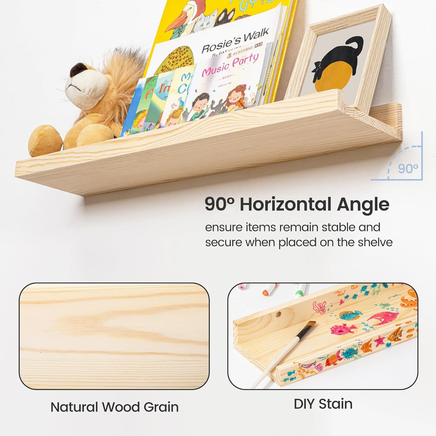 FLYJOE Picture Ledge Shelf, Floating Shelves Set of 2, Solid Pine Wood 55'' Long Large Nursery Book Shelves for Toys Storage, Kids Bookshelf for Living Room Bedroom Decor Books Photo Frames, Walnut