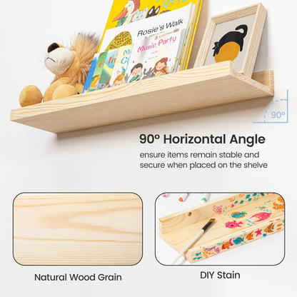 FLYJOE Picture Ledge Shelf, Floating Shelves Set of 2, Solid Pine Wood 55'' Long Large Nursery Book Shelves for Toys Storage, Kids Bookshelf for Living Room Bedroom Decor Books Photo Frames, Walnut