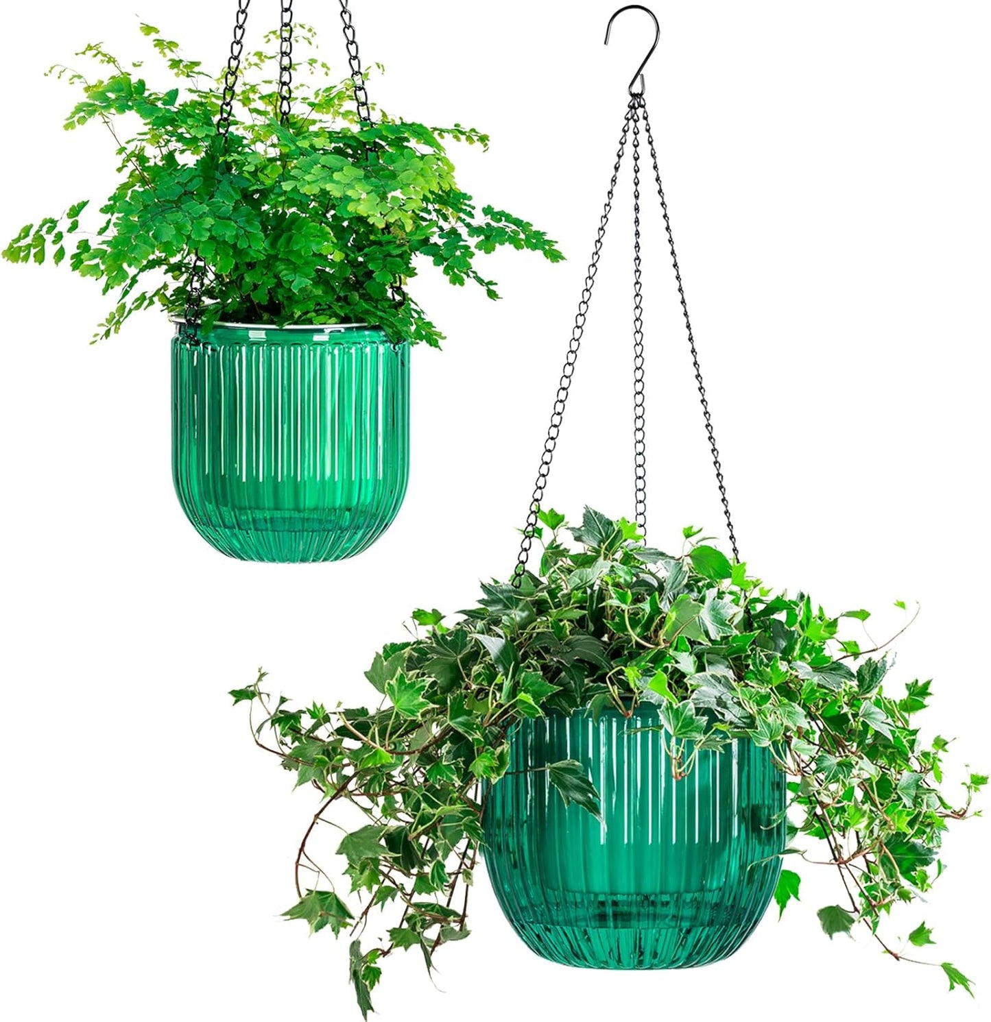 Melphoe 2 Pack Self Watering Hanging Planters Indoor Flower Pots, 6.5 Inch Outdoor Hanging Basket, Plant Hanger with 3Hooks Drainage Holes for Garden Home (Emerald)