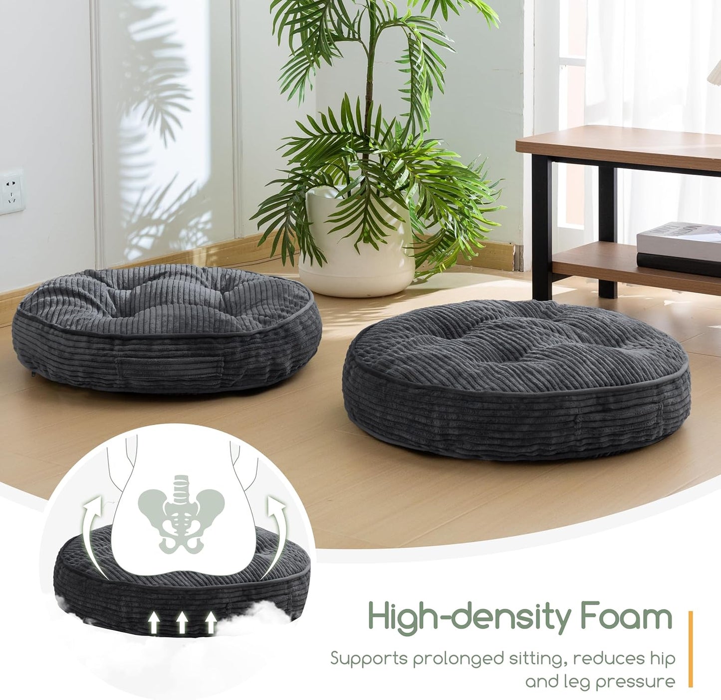HIGOGOGO 6" Extra Thick Floor Pillow Cushion for Adults, Meditation Cushion Pillow, Large Square Floor Sitting, Tufted Corduroy Cover, for Tatami Living Room or Yoga, 22x22 Inch, 2Pack, Dark Grey