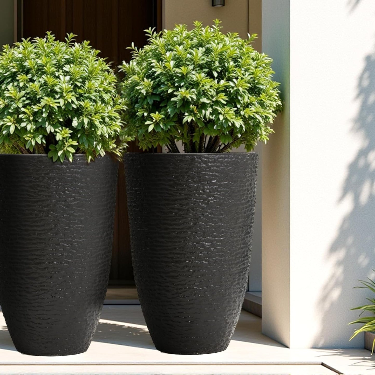 Worth 9 Gallon Tall Round Planters Set of 2-14" Dia x 21" H Stone Finish Flower Pots Indoor Decorative Container Garden Patio Unbreakable Beige