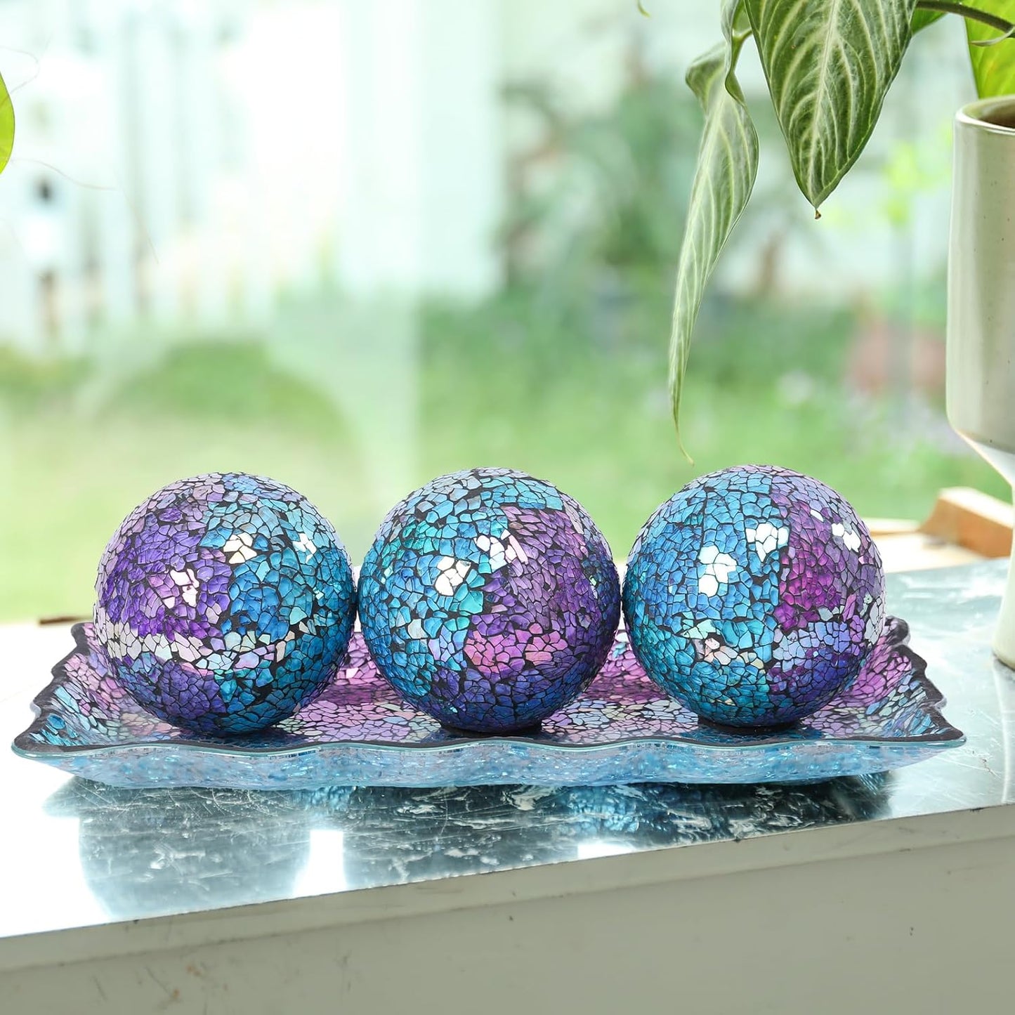 VCUTEKA Decorative Balls and Glass Bowl, 4 Inch Mosaic Sphere Balls Centerpiece Balls for Coffee Table, Home Decor, Wedding Party Decor, Green