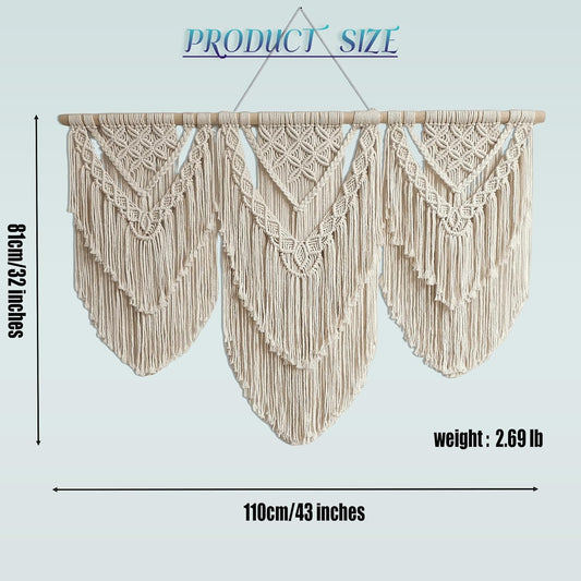 oiikain Large Handmade Boho Macrame Wall Hanging Tapestry - Chic Bohemian Woven Home Decor art for Living Room, Bedroom, and Wedding Parties (Beige, twelve rhombus)