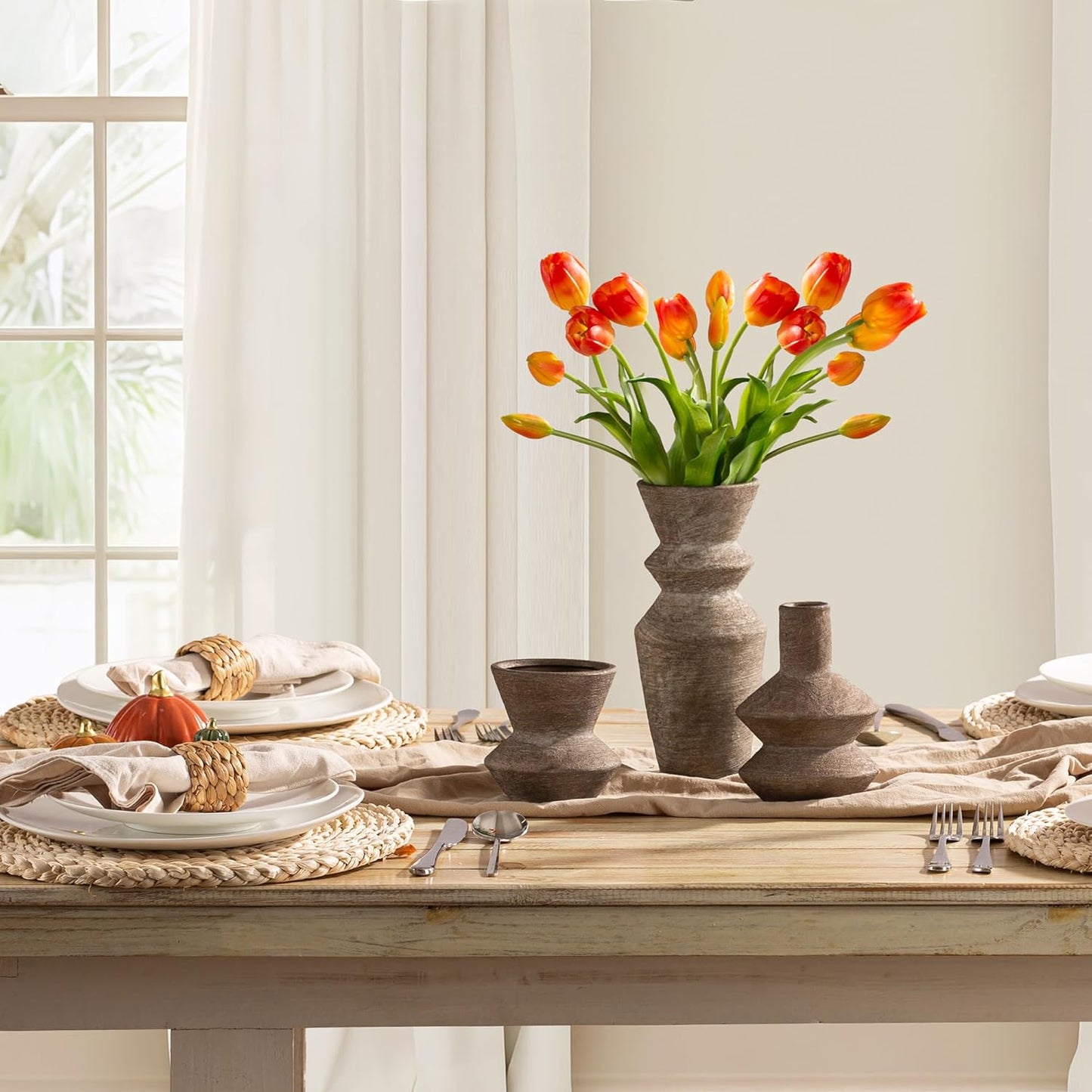 Ceramic Vase Home Table Decor - Flower Vase Set of 3 Living Room Kitchen Decorations Farmhouse Modern Rustic Vases Decorative Centerpiece for Shelf Bedroom Office Bathroom Dining Coffee Desk