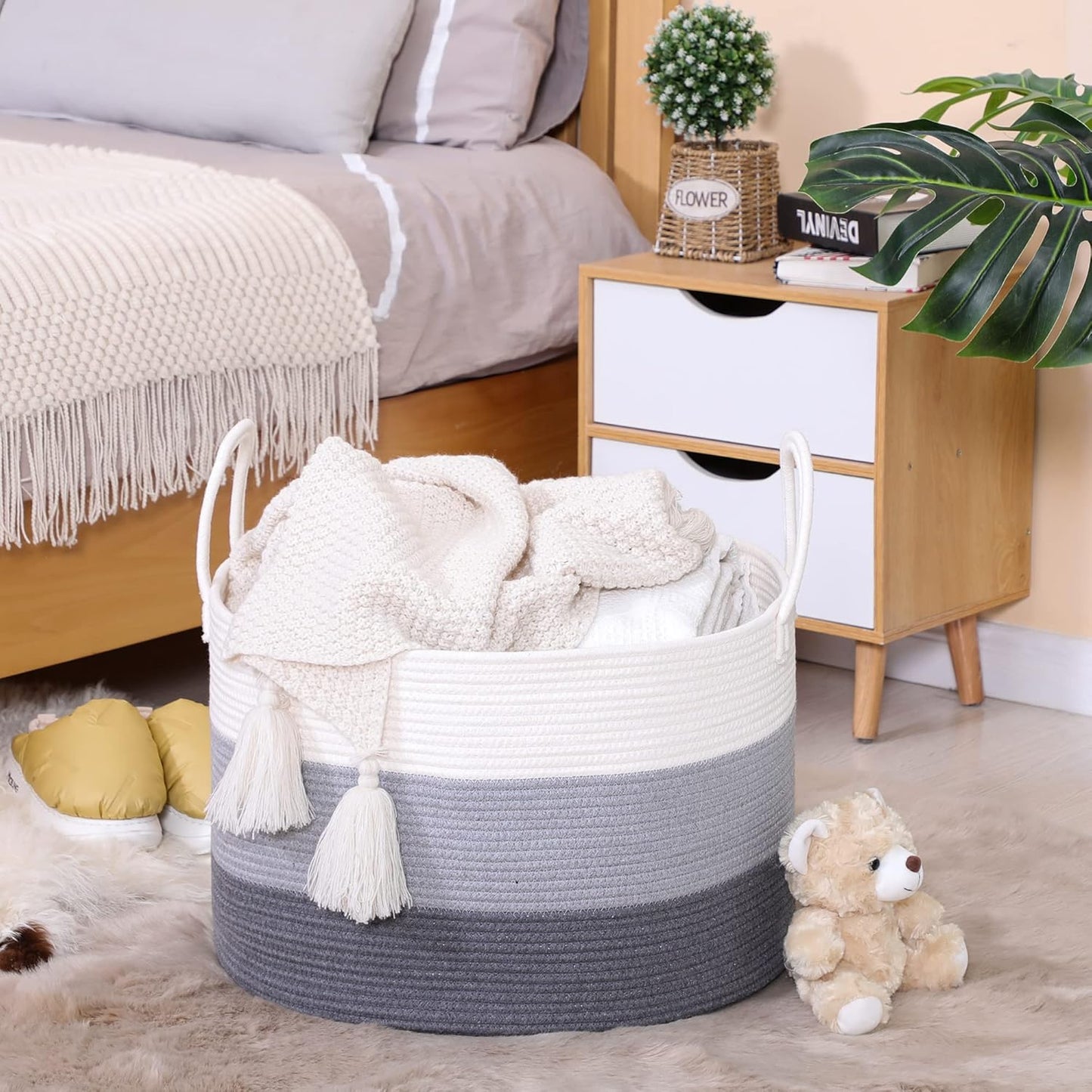 KAKAMAY Large Blanket Basket (20"x13"),Woven Baskets for storage Baby Laundry Hamper, Cotton Rope Blanket Basket for Living Room, Laundry, Nursery, Pillows, Baby Toy chest (White/Brown)