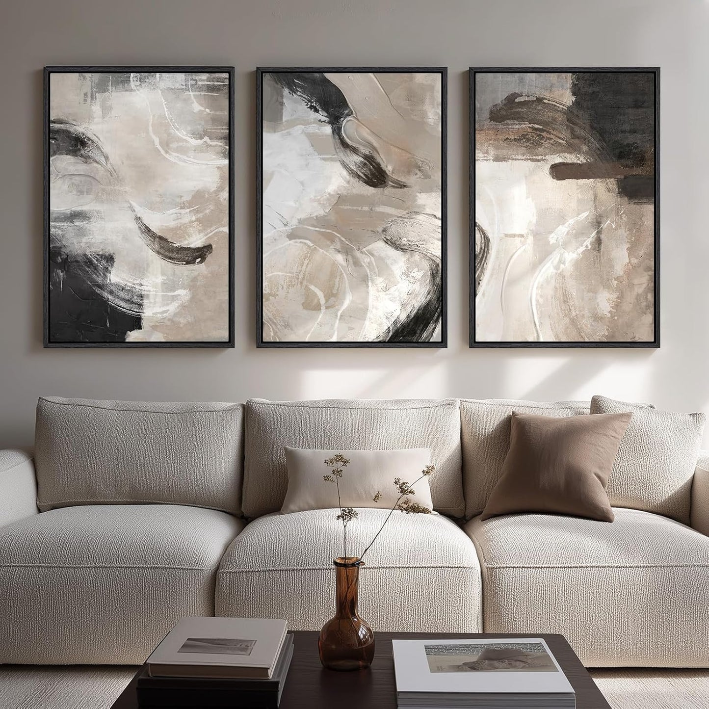 Large Framed Neutral Abstract Wall Art for Living Room, 3 Piece Modern Canvas Prints Paintings Artwork for Walls, Black and Beige Pictures for Living Room Hallway Stair Office Wall Decor 24x36 Inch