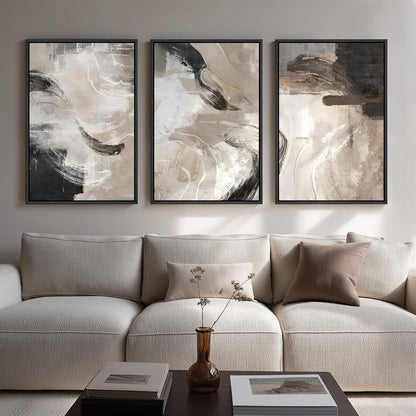 Large Framed Neutral Abstract Wall Art for Living Room, 3 Piece Modern Canvas Prints Paintings Artwork for Walls, Black and Beige Pictures for Living Room Hallway Stair Office Wall Decor 24x36 Inch