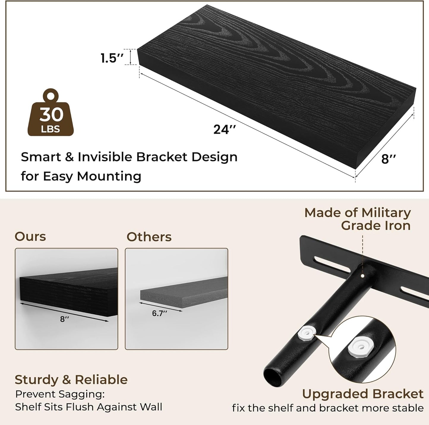RICHFOCUS 72Inch Floating Shelves for Wall 2 Pack Shelves for Bedroom|Kitchen|Bathroom Wall Mounted Rustic Wood Floating Shelf with Invisible Brackets for Books|Storage|Decor, Rustic Brown