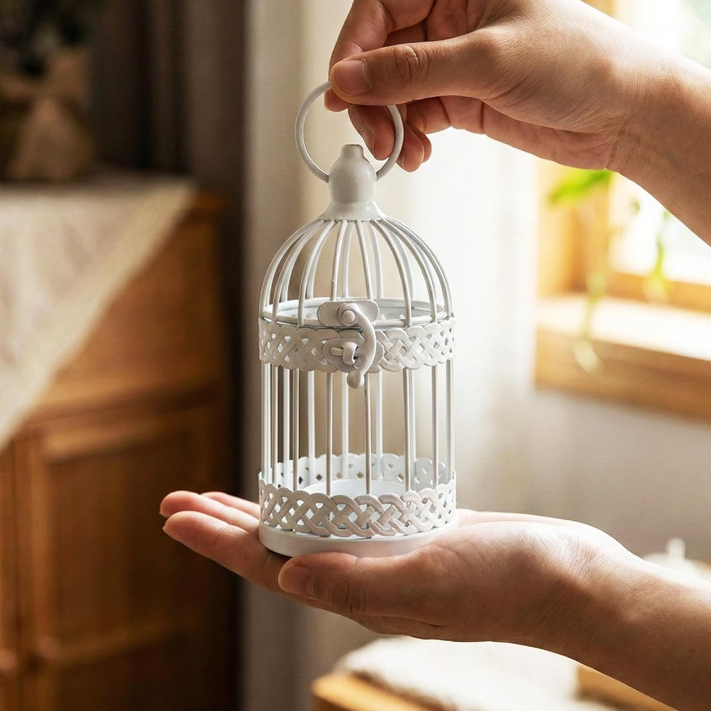 Vela Lanterns Bird Cage Decor Candle Holder Lantern Decorative Wedding Table Centerpiece Decorations, White, Small, Set of 4