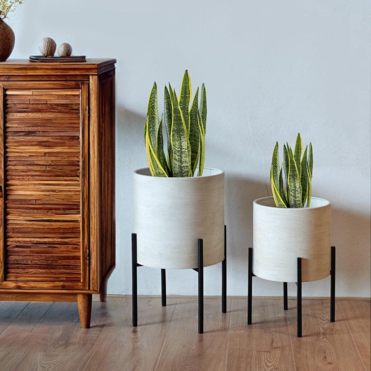 ARNIS Modern Plant Pots, Set of 2 Large Planters with Stand, Decorative Planters, Metal Pots with Drainage Holes for Living Room, Office, Garden or Balcony, 8.25 &10.5 Inch, Dirt