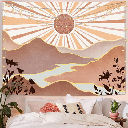 Lunerfex Bohemian Mandala Sunrise Wall Tapestry, Abstract Mountain Scenery Tapestries for Home Decor, Boho Tapestry 48x36 Inch