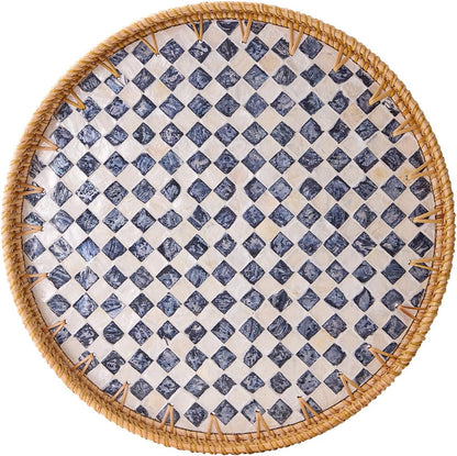 Round Rattan Tray with Mother of Pearl Inlay, Rattan Serving Tray with Wooden Base, Decorative Wicker Basket for Table Decor, Storage and Display of Coffee Bread Food Fruit (Leaf)
