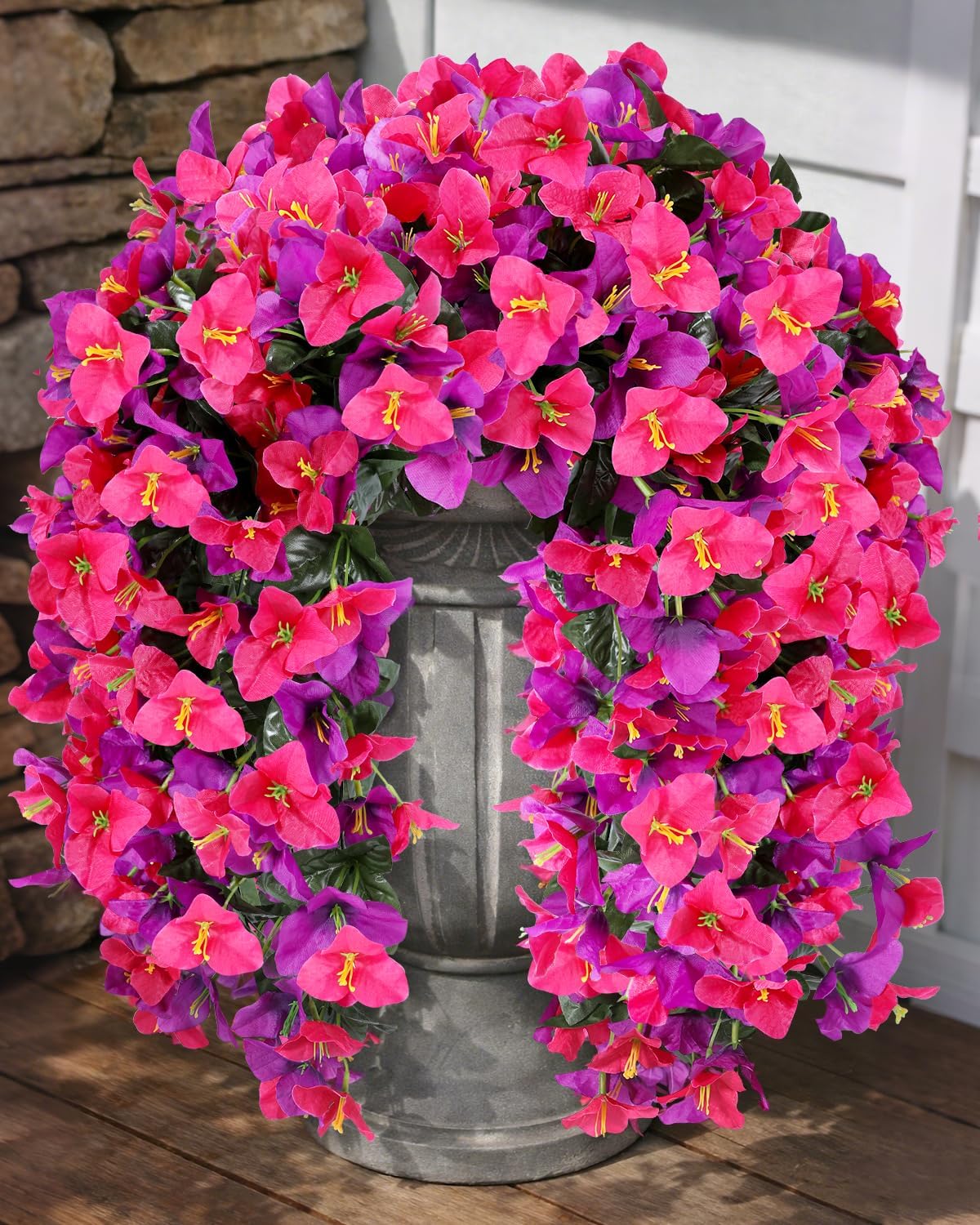 Artificial Flowers for Outdoors – 2 Bundles of UV-Resistant Artificial Bougainvillea, Realistic Silk Flowers for Front Porch, Patio, Garden, Window Boxes & Hanging Baskets (Hot Pink, 2)