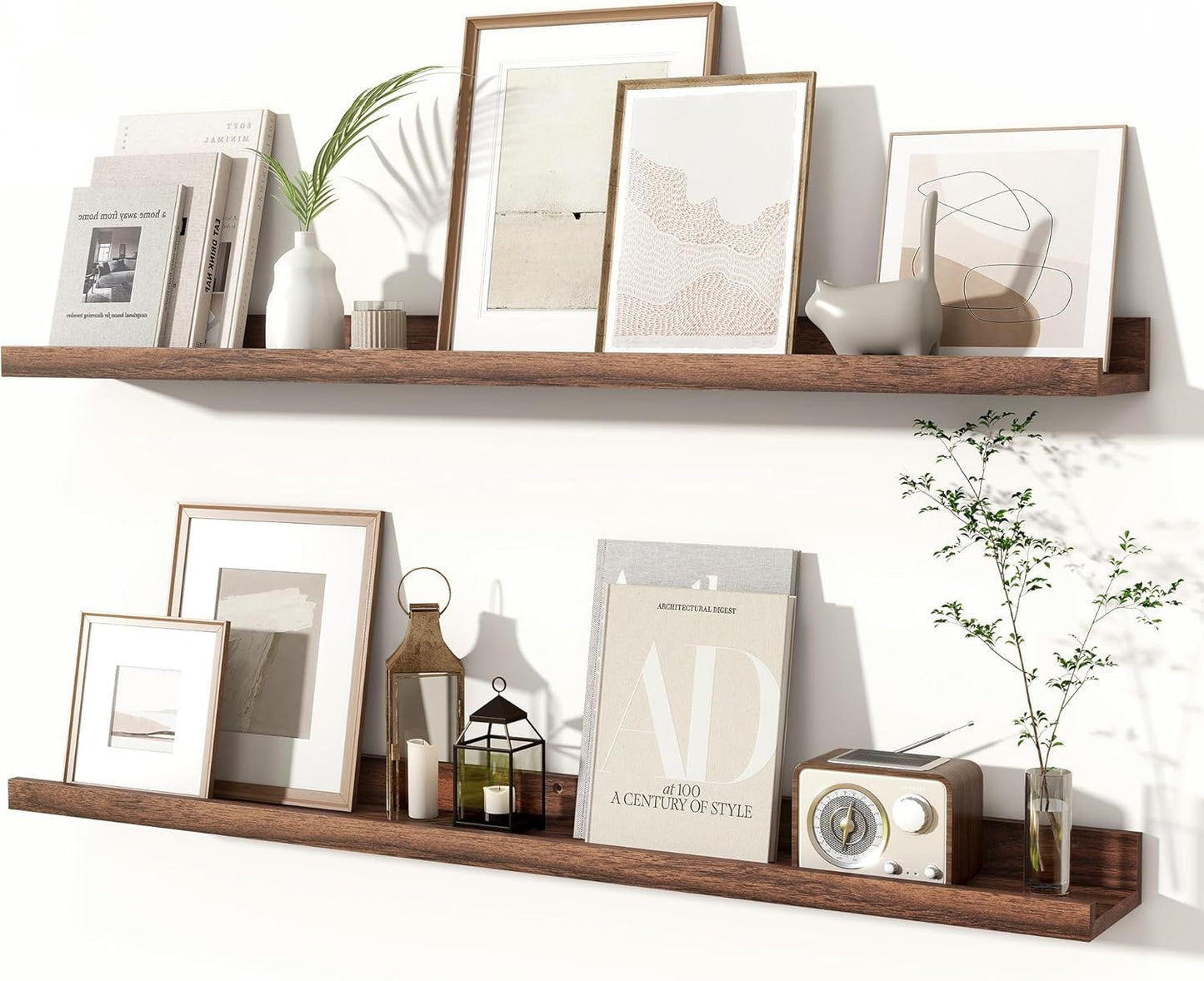Fun Memories Picture Ledge Shelves Set of 2, 32 Inch Rustic Wall Mounted Floating Shelves with Lip for Home Storage and Décor in Bathroom, Kitchen, Nursery, Bedroom, Living Room, Walnut